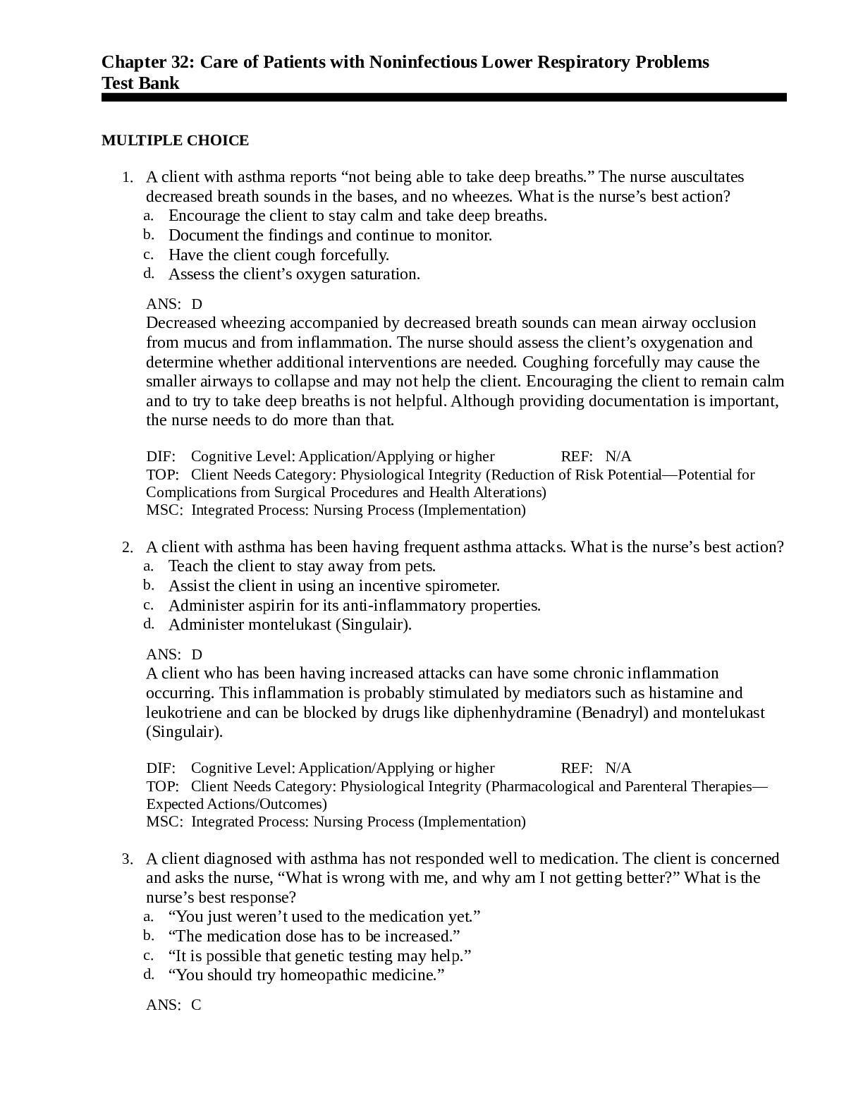Preview image for Chapter 32: Care of Patients with Noninfectious Lower Respiratory Problems Test Bank
